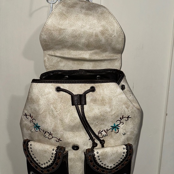 Leather Embroidered Cream and Brown Women\'s Backpack main image 11